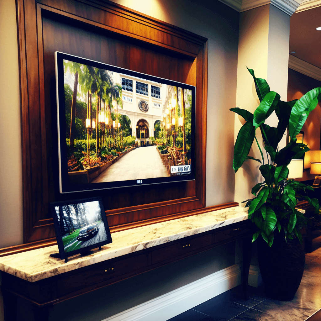 Hotel lobby with digital signage