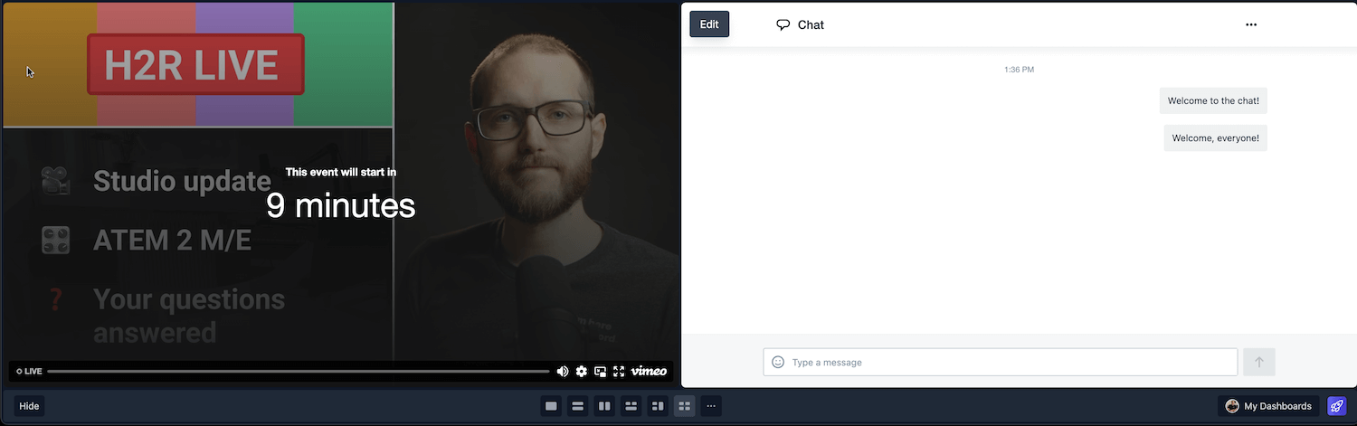 Vimeo live video and chat on the dashboard